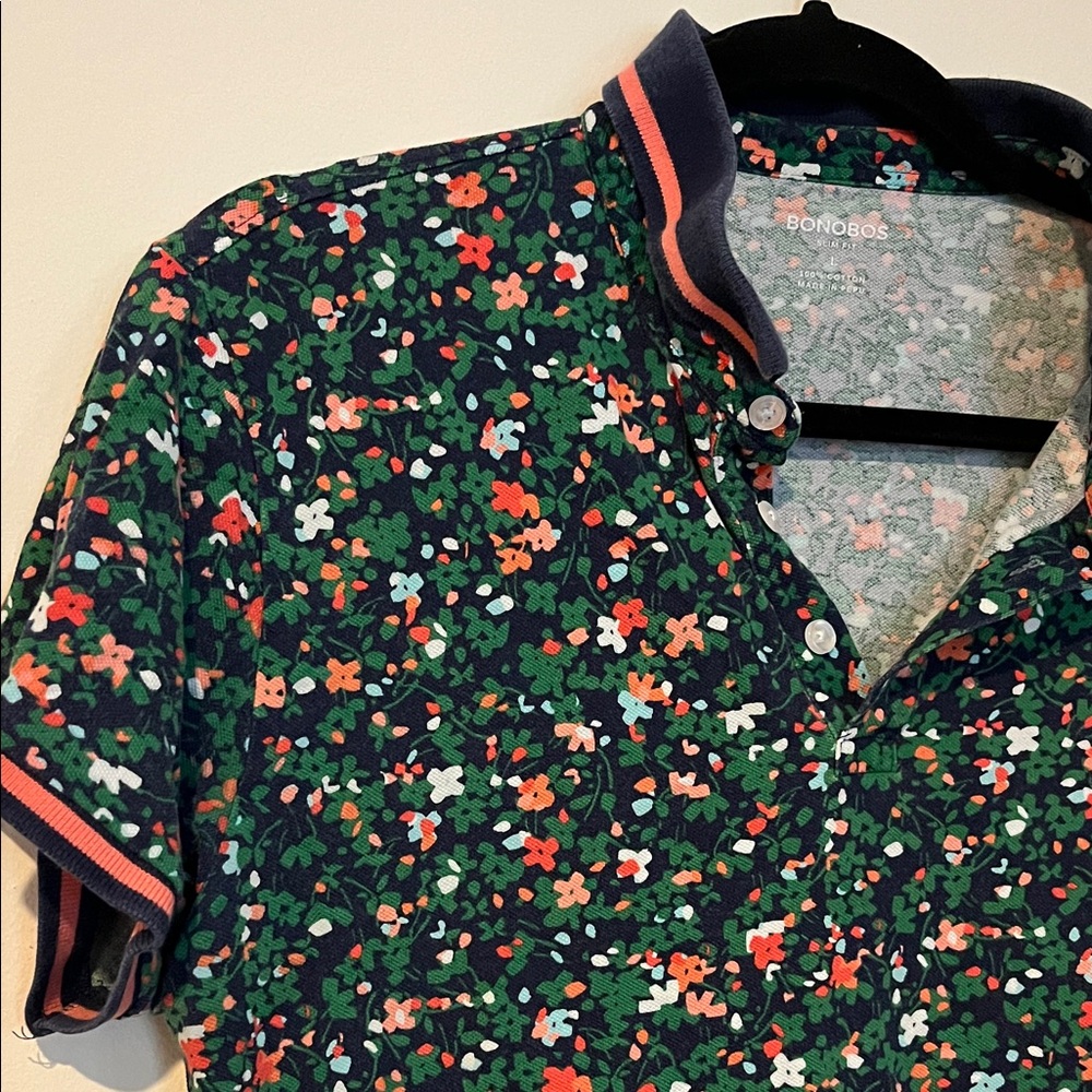 Bonobos Floral Polo Shirt - Green and Peach on Navy Base